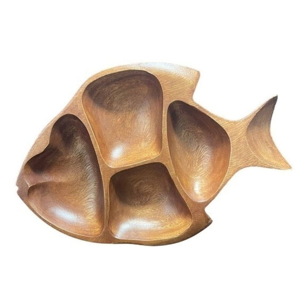 Large Fish Shaped Wood Salad Plate 4 Compartment Serving Tray 15"x10" Brown Exc